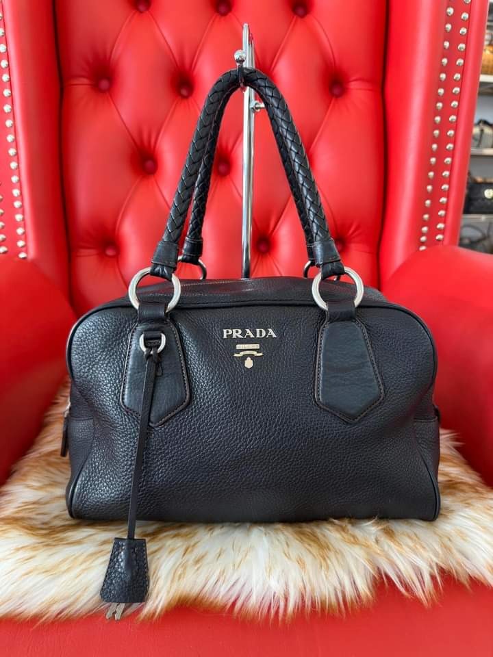 PRADA BLACK PEBBLED LEATHER BOWLER BAG/VITELLO DAINO NERO: Preowned,  Authentic