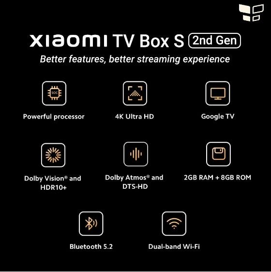 Xiaomi TV Box S (2nd Gen) 4K Ultra HD Streaming Media Player, Google TV Box  with 2GB RAM 8GB ROM, 2.4G/5G Dual WiFi, Bluetooth 5.2 & Dolby Atmos 
