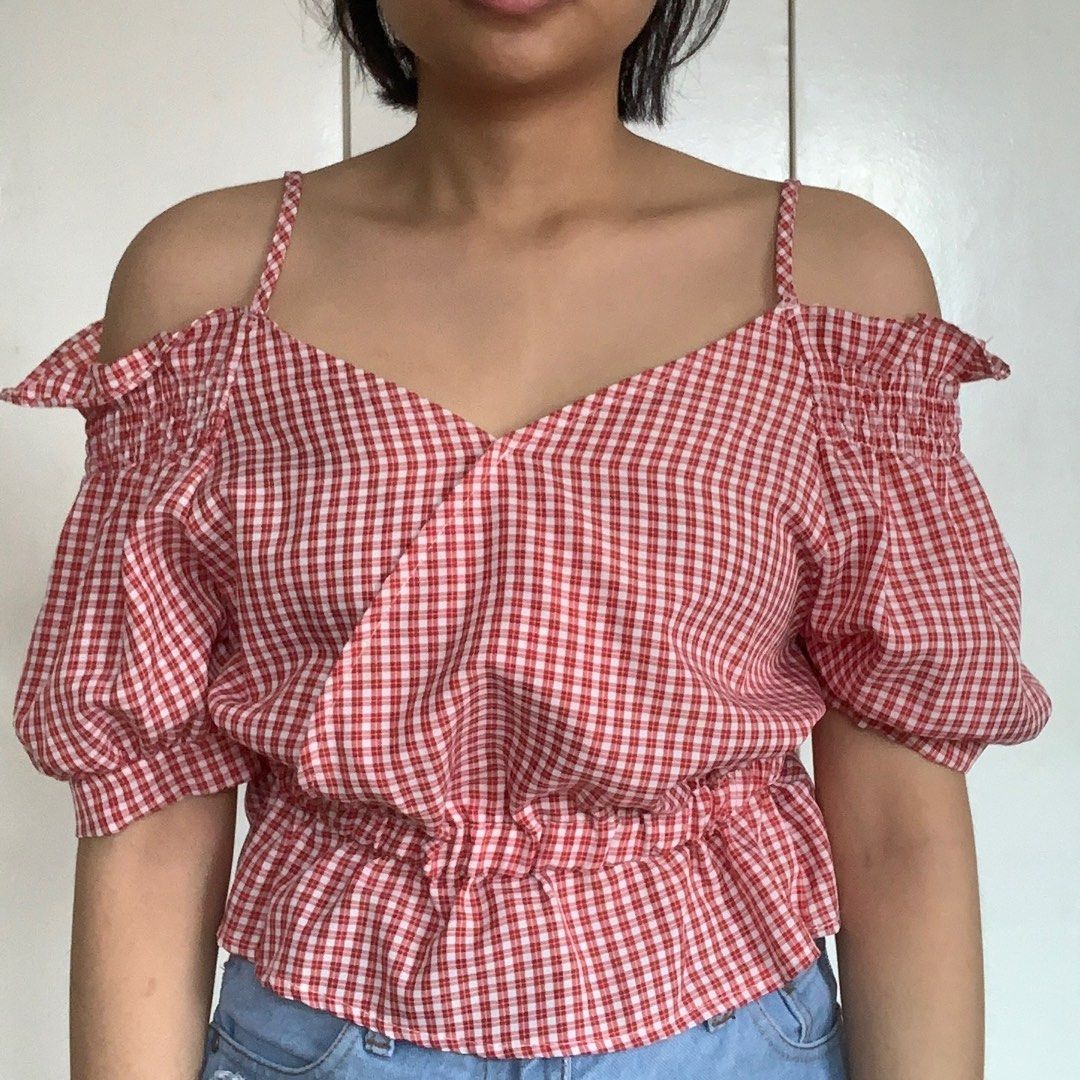 Red Plaid Off Shoulder Top Women s Fashion Tops Blouses on