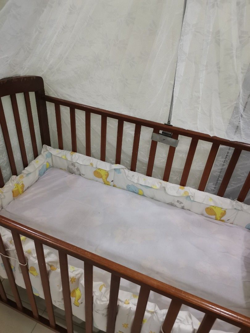 Solid wood baby cot with mosquito net, Babies & Kids, Baby Nursery