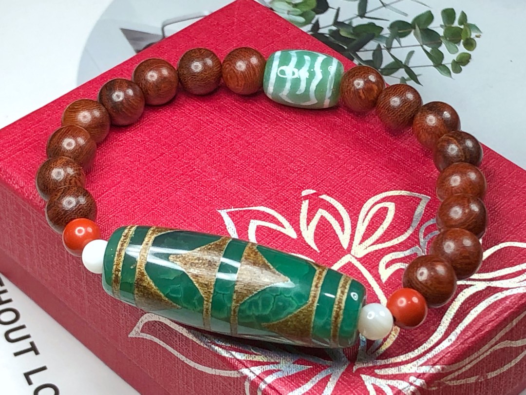 Tibetan Dzi Beads Green Agate Dragon Scales Double Tiger