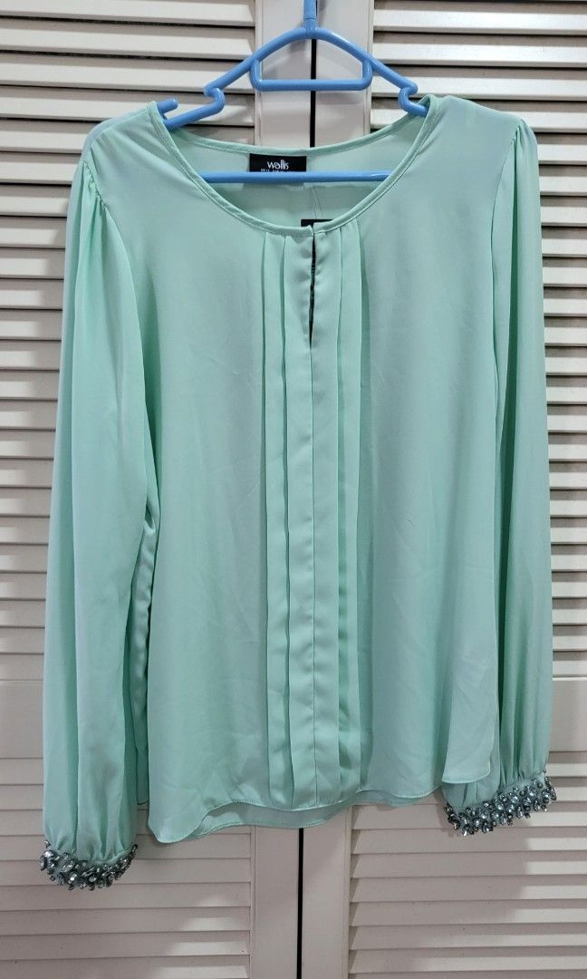 Wallis Chiffon Blouse Jewels Long sleeves Mint UK10 Women s