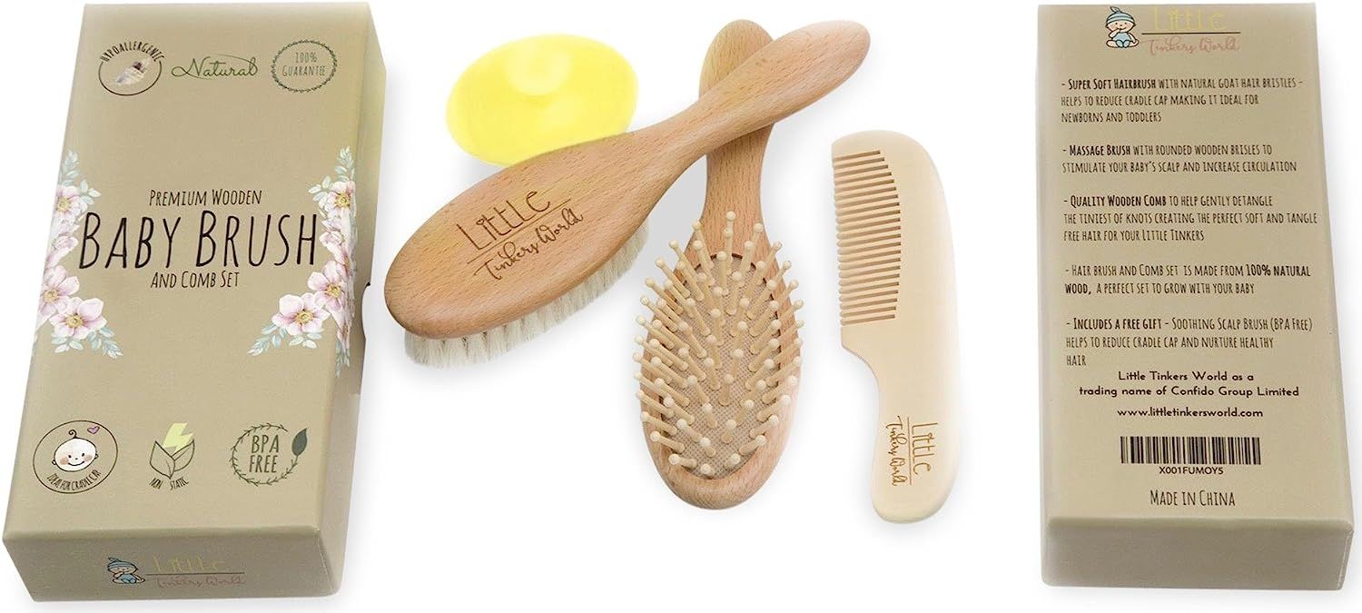 Wooden Baby Hair Brush and Comb Set 4 Piece for Newborns and