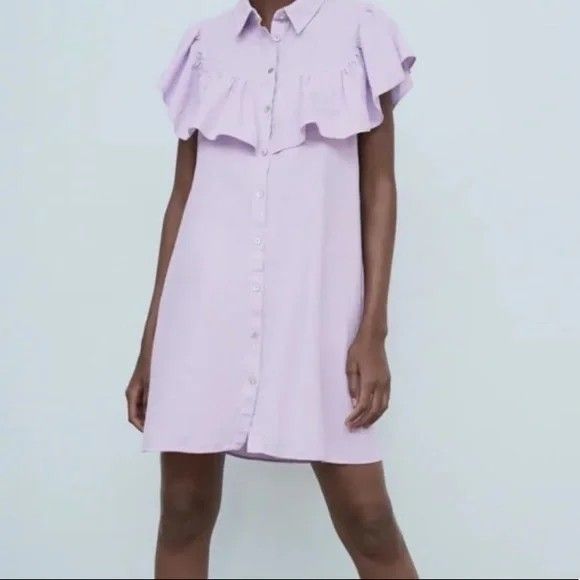 white denim dress zara Button Front Long Sleeve Mini Shirt Casual Size XS/S Zara Denim White Frill Dress