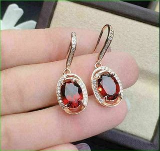 2.5CT Oval Cut Red Garnet & Diamond Halo Drop Dangle Earrings 14k White Gold