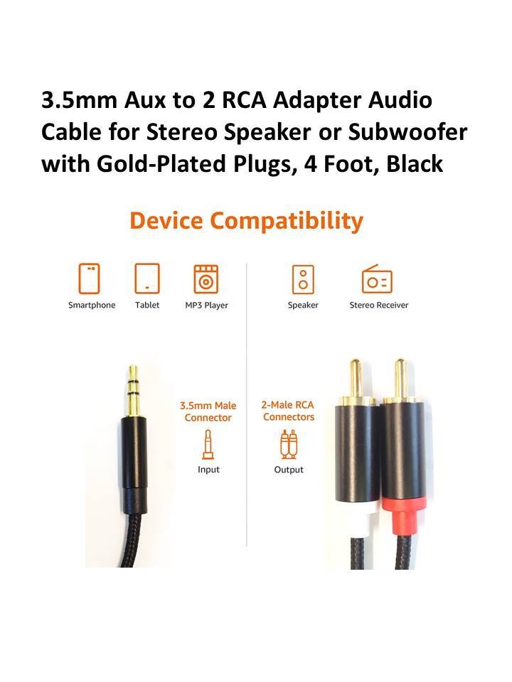 3.5mm Male to 2-RCA Plug 5FT, Aux Audio Headphone Jack Converter Adapter  Cable
