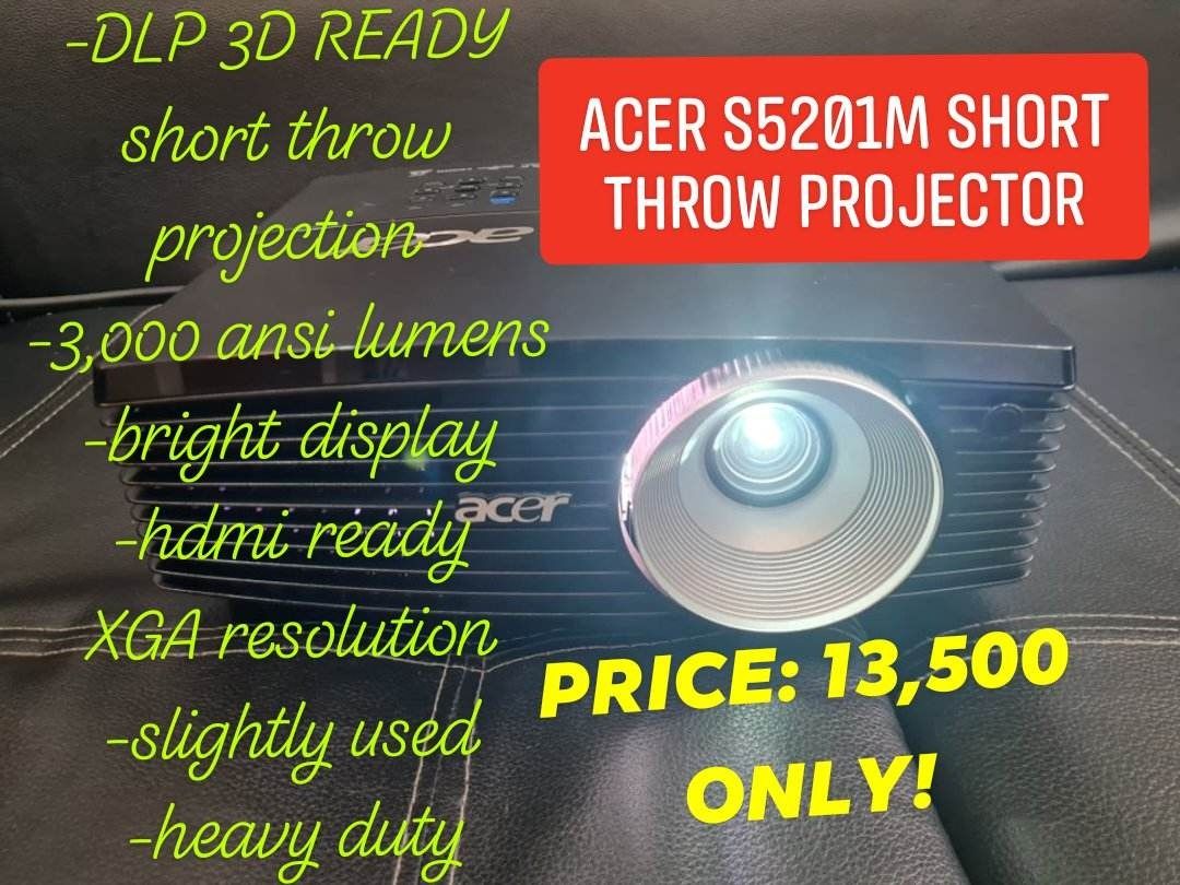 Acer short throw projector 3000 lumens bright display (Category: Projectors) located in Manila. Submitted by dastoreprojector (Listing ID 1237219722, Image 1). Description: Acer S5201m short throw heavy duty projector bright display 2nd hand slightly used 2pcs. available (ideal for school classroom, church, office and business presentation, home theater, party occasions, events etc.) Surebuyer CALL/TEXT: globe 0977-383-8892 / smart 0948-794-0721 