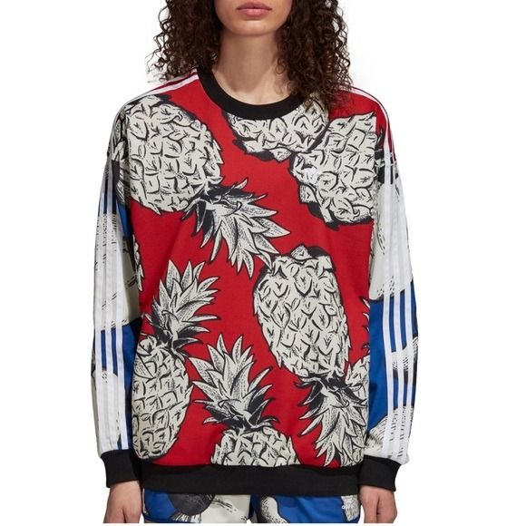 ADIDAS ORIGINALS X FARM RIO Pineapple Pullover with Pockets (Category: Activewear) located in Cebu City. Submitted by anniedeuxtrois (Listing ID 1237324392, Image 1). Description: Limited Edition Adidas x Farm Rio collection for summer. 100% Polyester Graphic color block pineapple print. Used this a lot for casual meetings. Amazing paired with cycling shorts and even chic with a good pair of black trousers. Size: M.