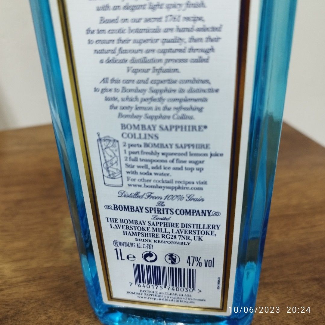 Bombay Sapphire 1 Liter segel Original, Makanan & Minuman, Minuman