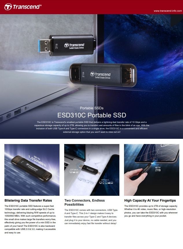 TRANSCEND ESD310C DUAL CONNECTORS PORTABLE SSD (AVAILABLE IN 512GB
