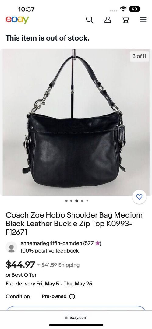 Coach Zoe 2009 F12669 Hobo Shoulder Bag Black Supple Leather