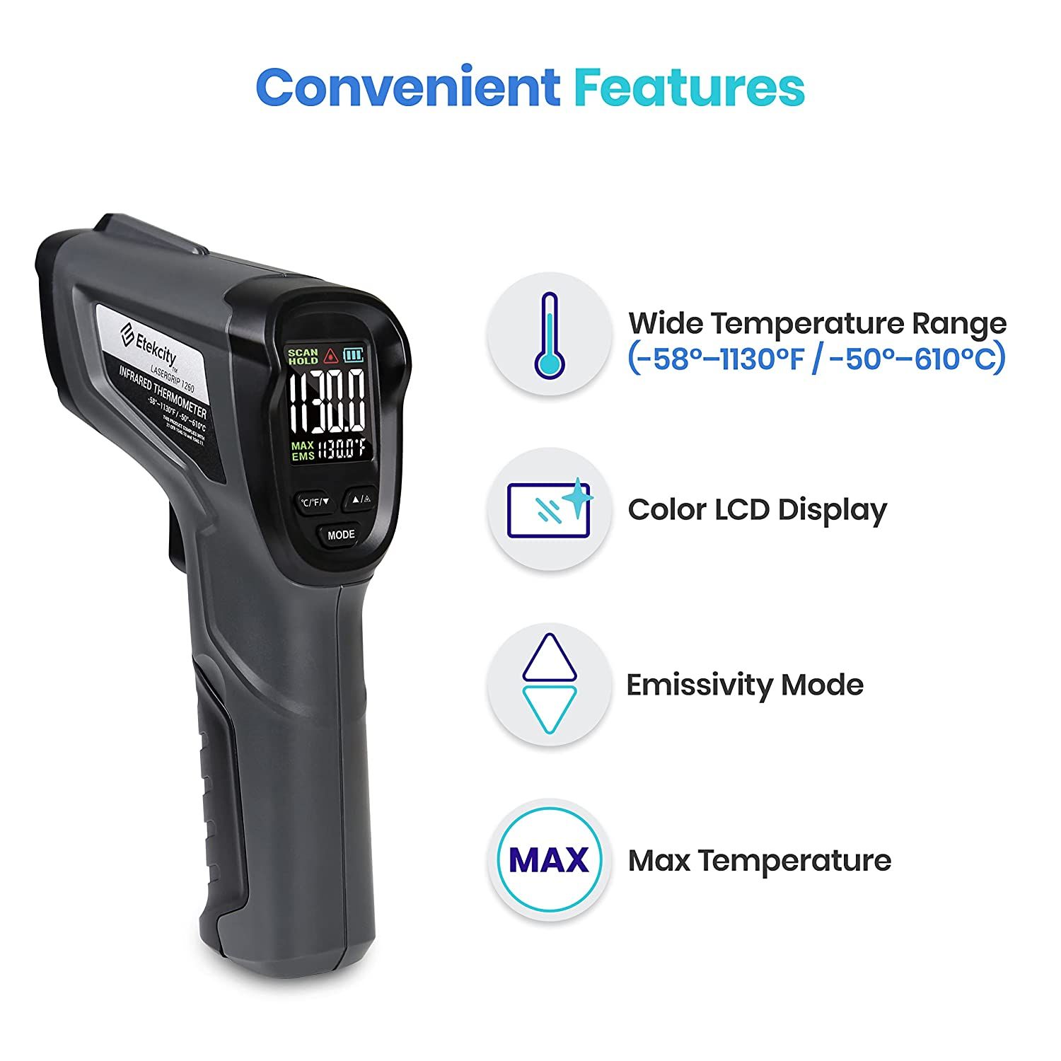 Etekcity Infrared Thermometer Temperature Gun 58°F to 1130°F, Laser Temp IR Tool for Cooking