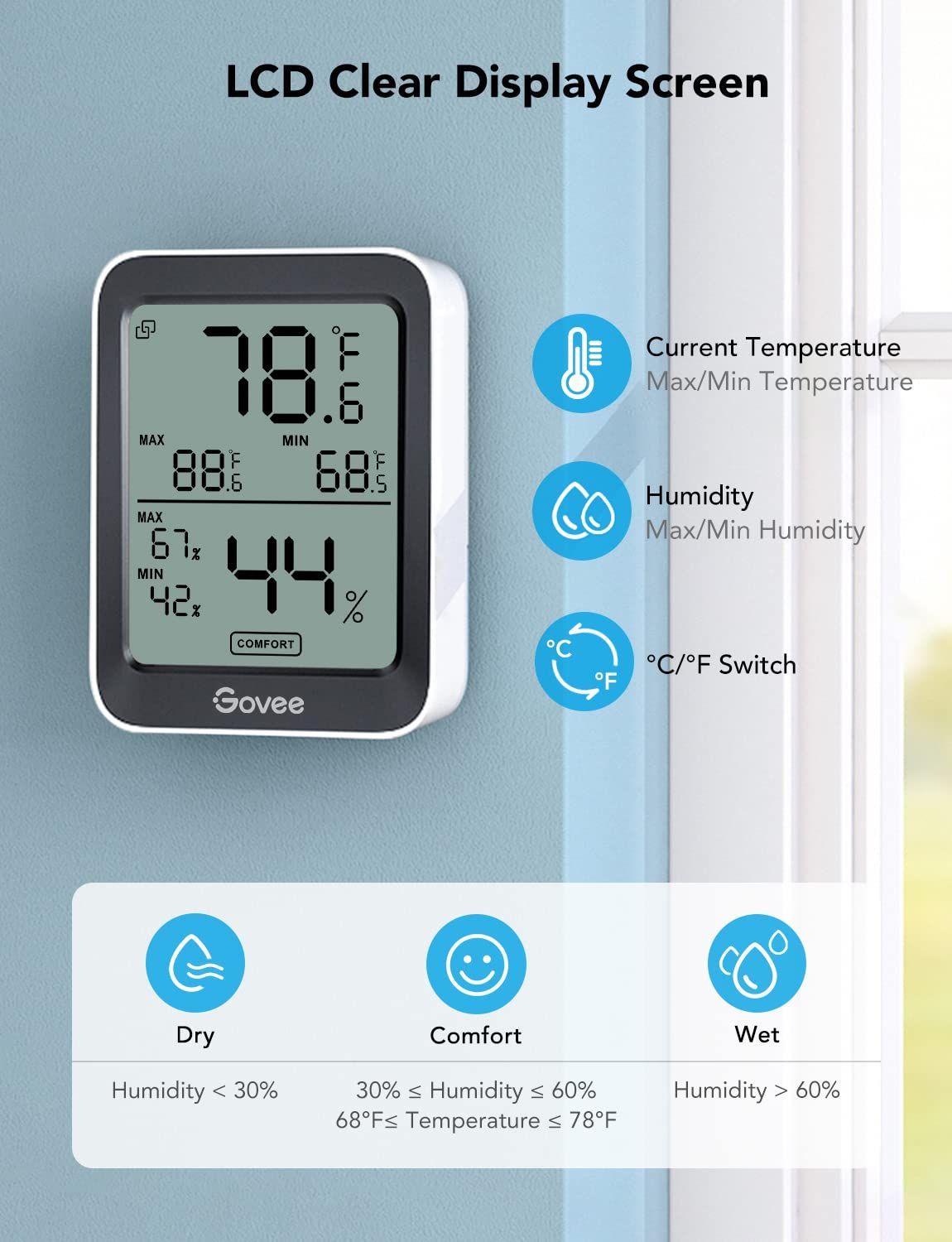 Govee Bluetooth Digital Hygrometer RoomThermometer, Humidity Meter and Temperature Sensor Gauge