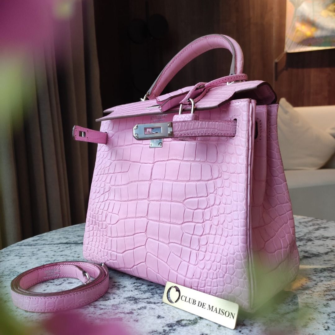 Brand new Hermes kelly 25 5P bubblegum pink matte croco Phw