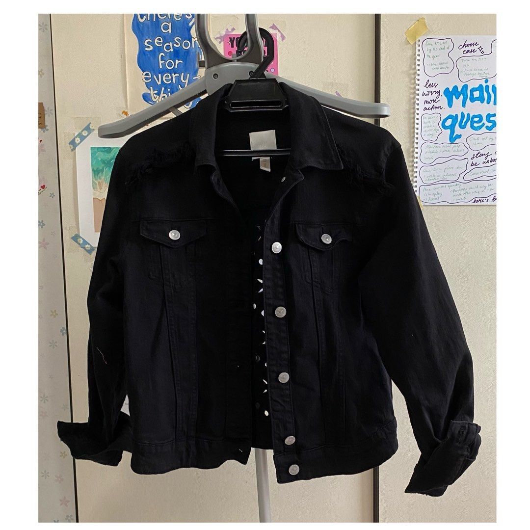 H M Black Denim Jacket with Broderie Back Women s Fashion Coats