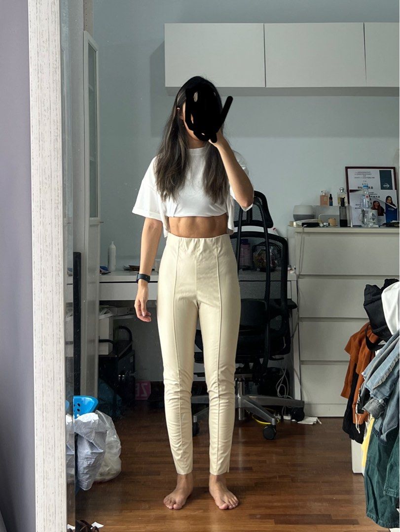 H&M cream white faux leather leggings, Women's Fashion, Bottoms