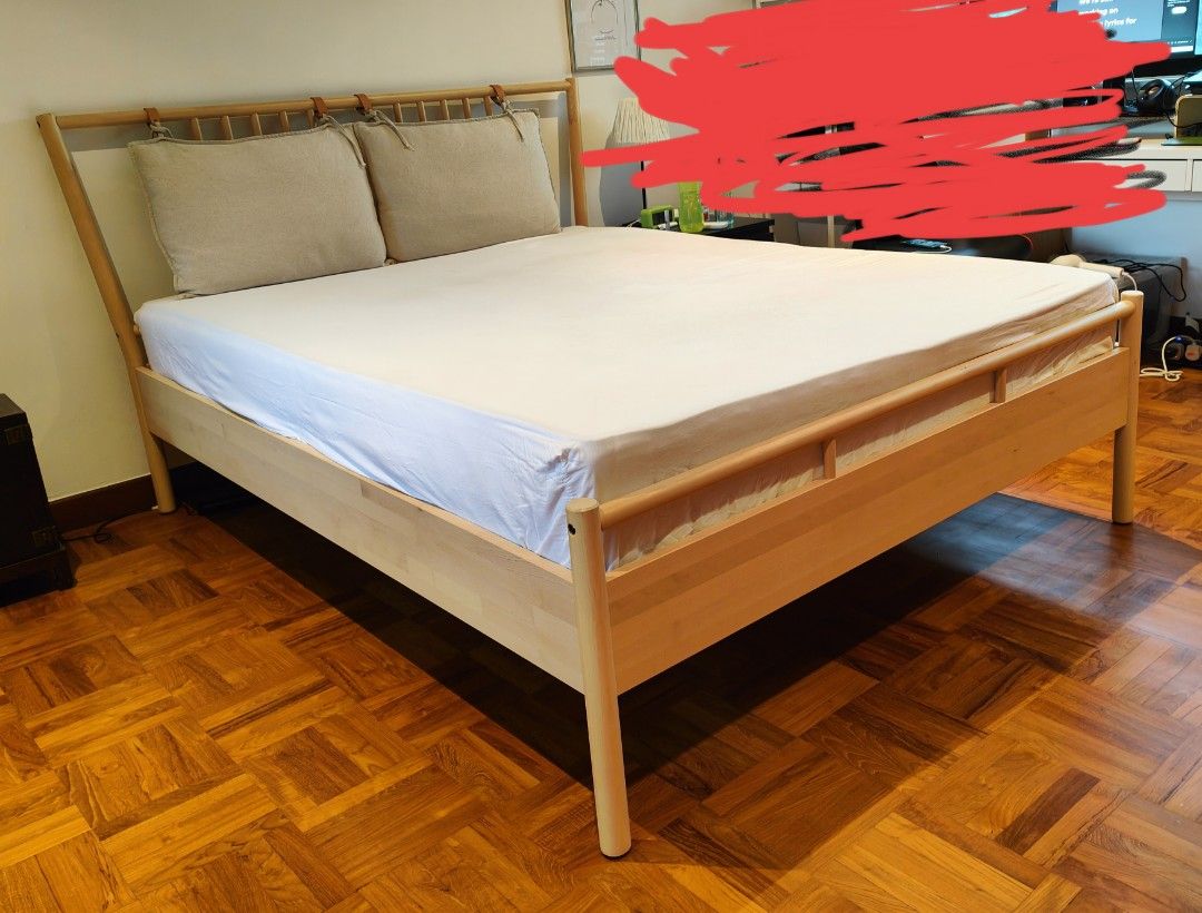 IKEA bjorksnas queen bed frame and vatnestrom mattress set, Furniture