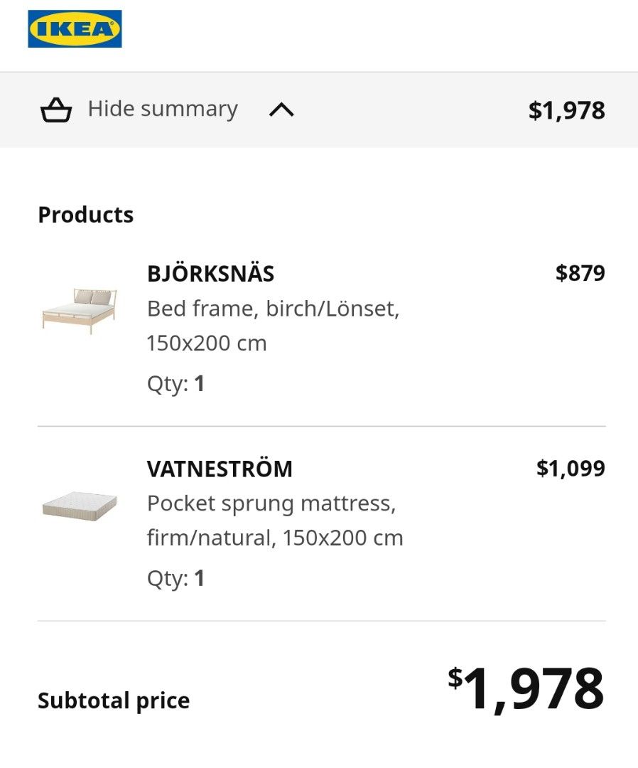 IKEA bjorksnas queen bed frame and vatnestrom mattress set, Furniture