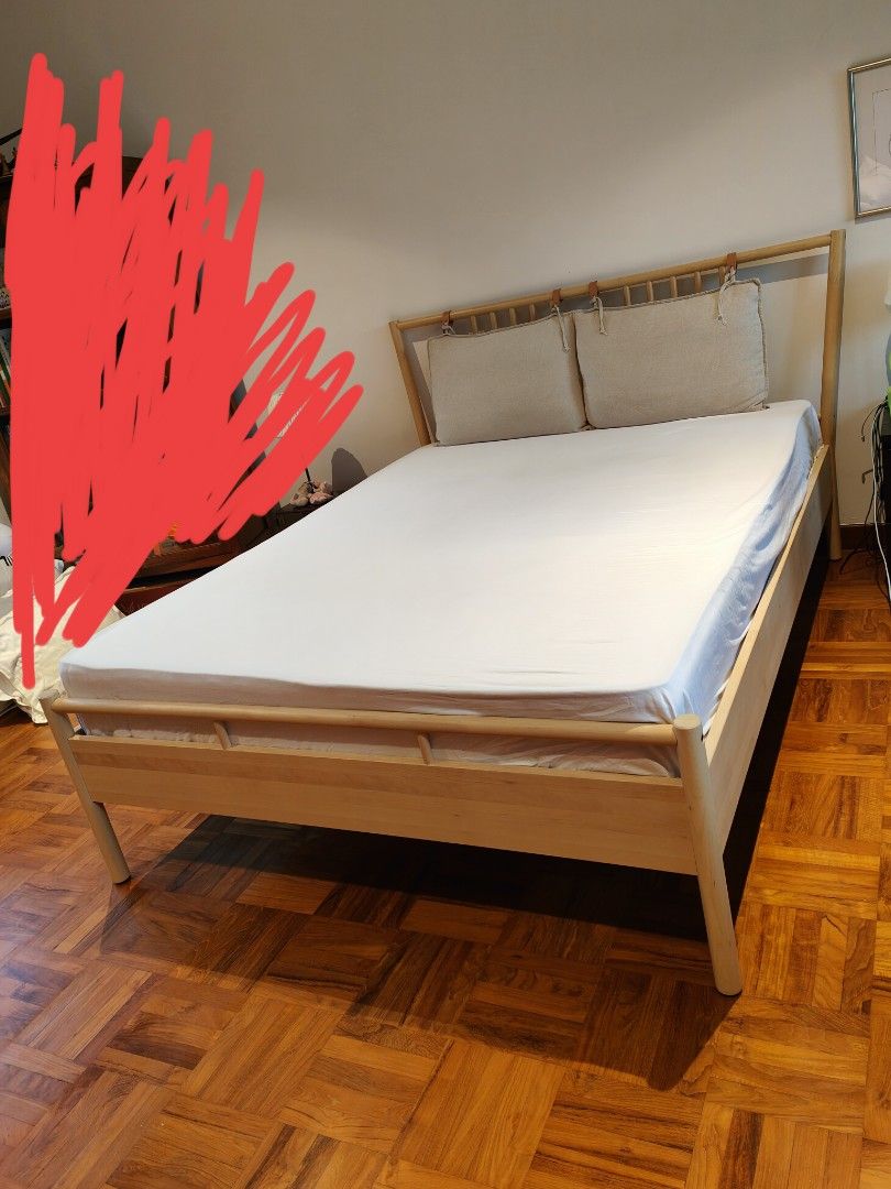 IKEA bjorksnas queen bed frame and vatnestrom mattress set, Furniture