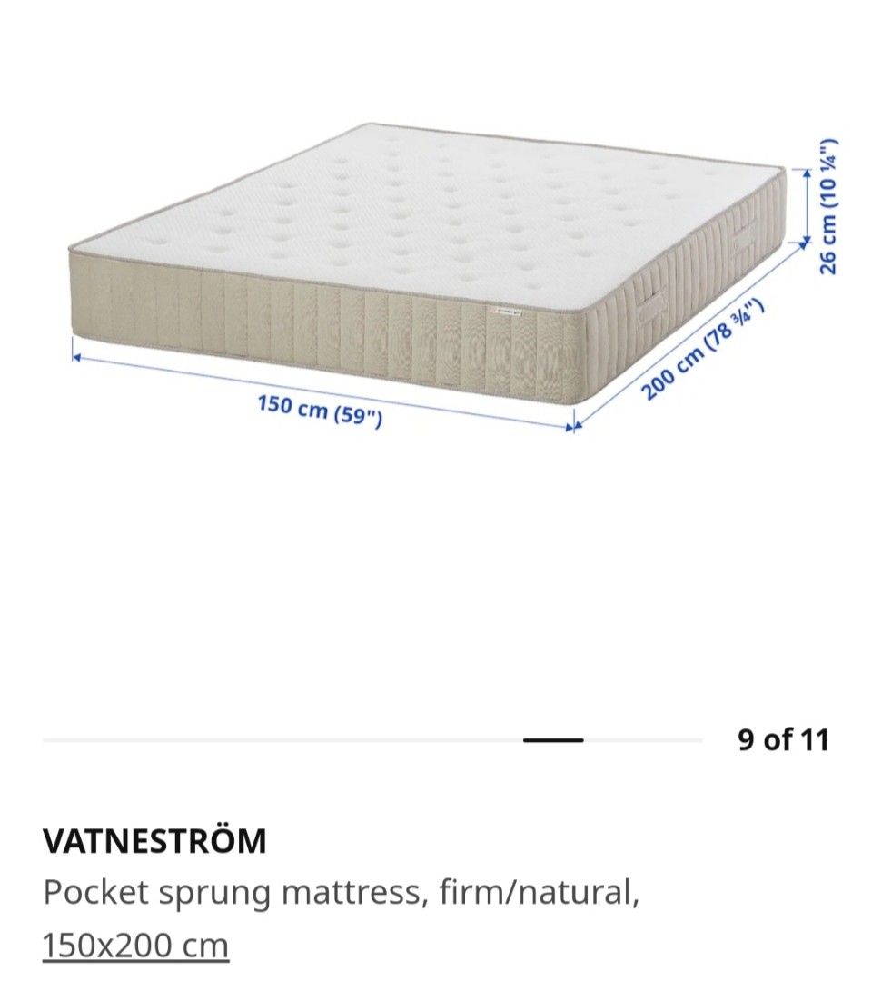 IKEA bjorksnas queen bed frame and vatnestrom mattress set, Furniture