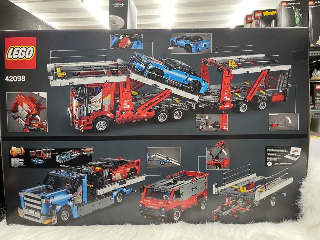 Lego Technic 42098 Car Transporter (Category: Lego & Building Sets) located in Manila. Submitted by agsbeagle888 (Listing ID 1237231094, Image 2). Description: Rebuild this 2-in-1 vehicle transporter to create the LEGO Technic Truck and Show Cars model. Car Transporter features adjustable car decks and rear ramp for loading and unloading, lock for securing vehicles during transportation and a tilting driver’s cab that gives access to a detailed V