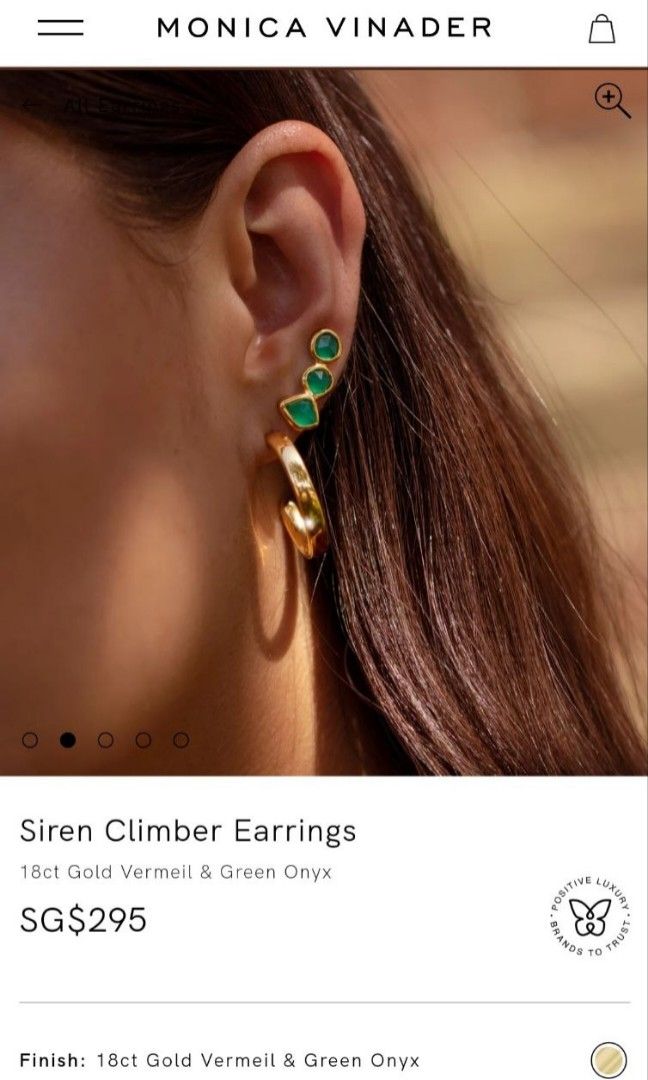 Monica Vinader Siren Climber Earrings 18ct Gold Vermeil Green
