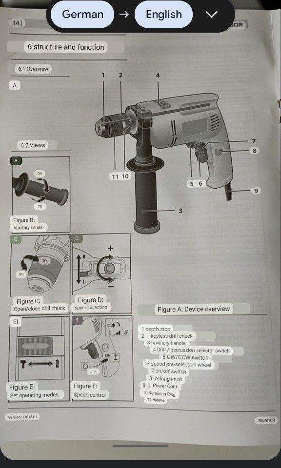 NEW German power wall impact hammer drill with antikickback side handle, AC power cord, depth