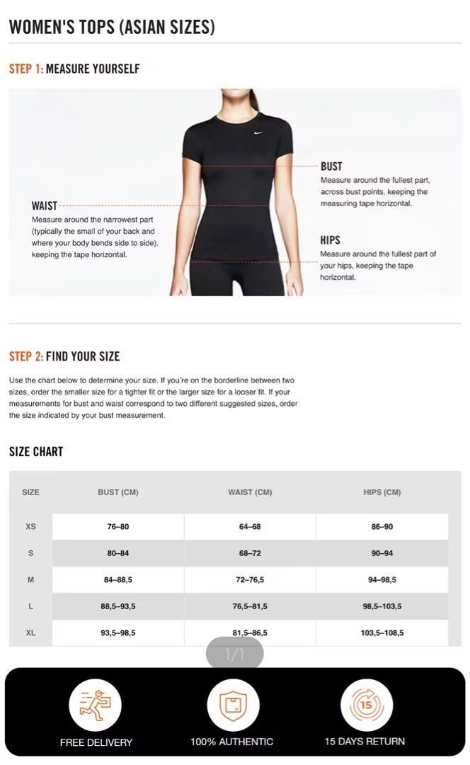 Nike womens on sale tee size chart