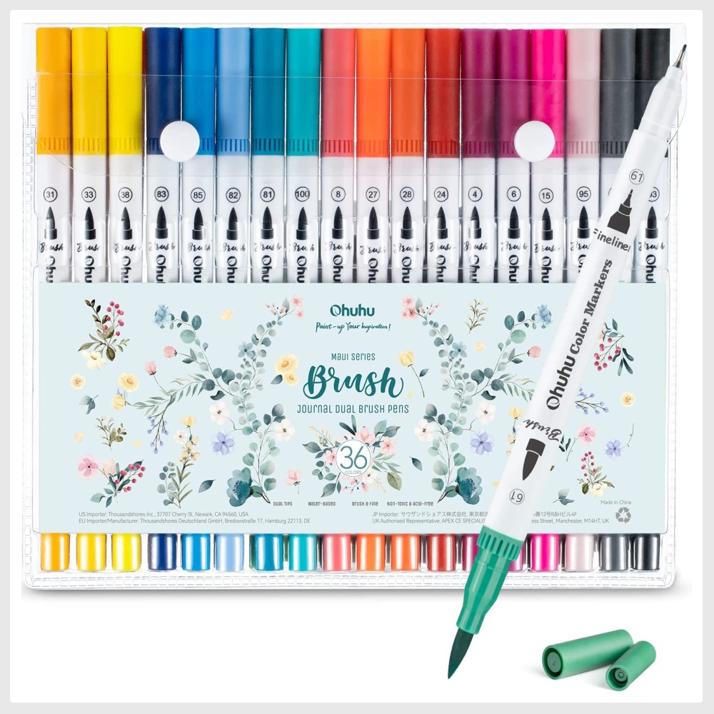Ohuhu Watercolor Brush Markers, 36 Colors Dual Tips Coloring Brush