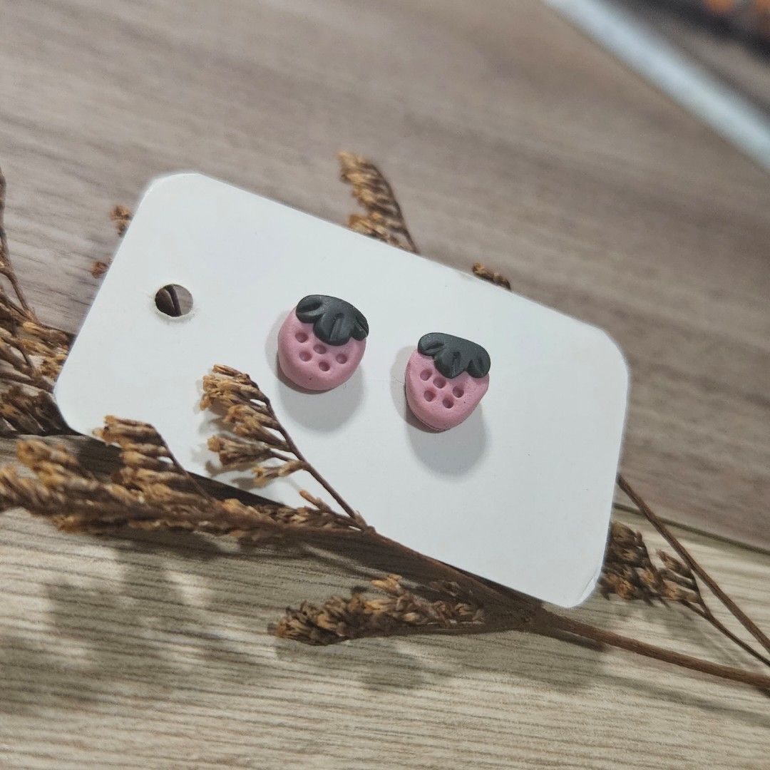 polymer clay handmade strawberry stud earrings fruit mini ear