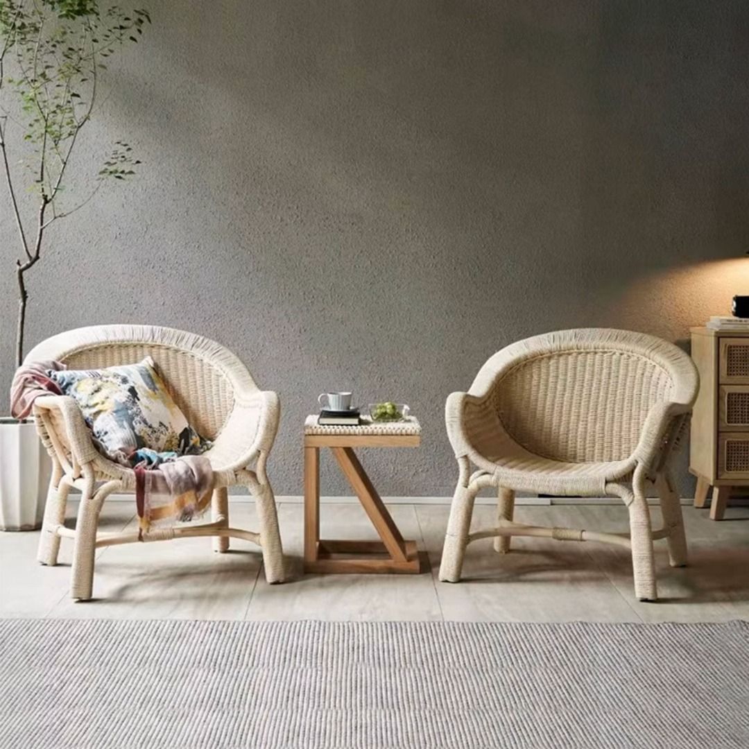 Presenthem Rustic Rattan Bamboo Barrel Chair with Matching Side