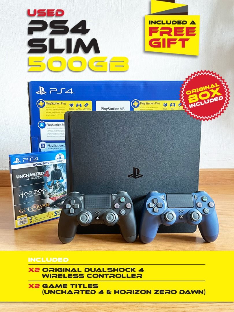 PS4 Slim, GB, Jet Black version, with 2 original controller & 2