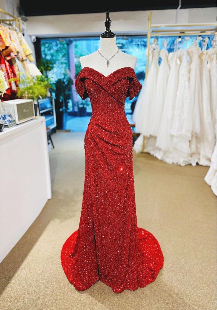 Red off shoulder evening gown store