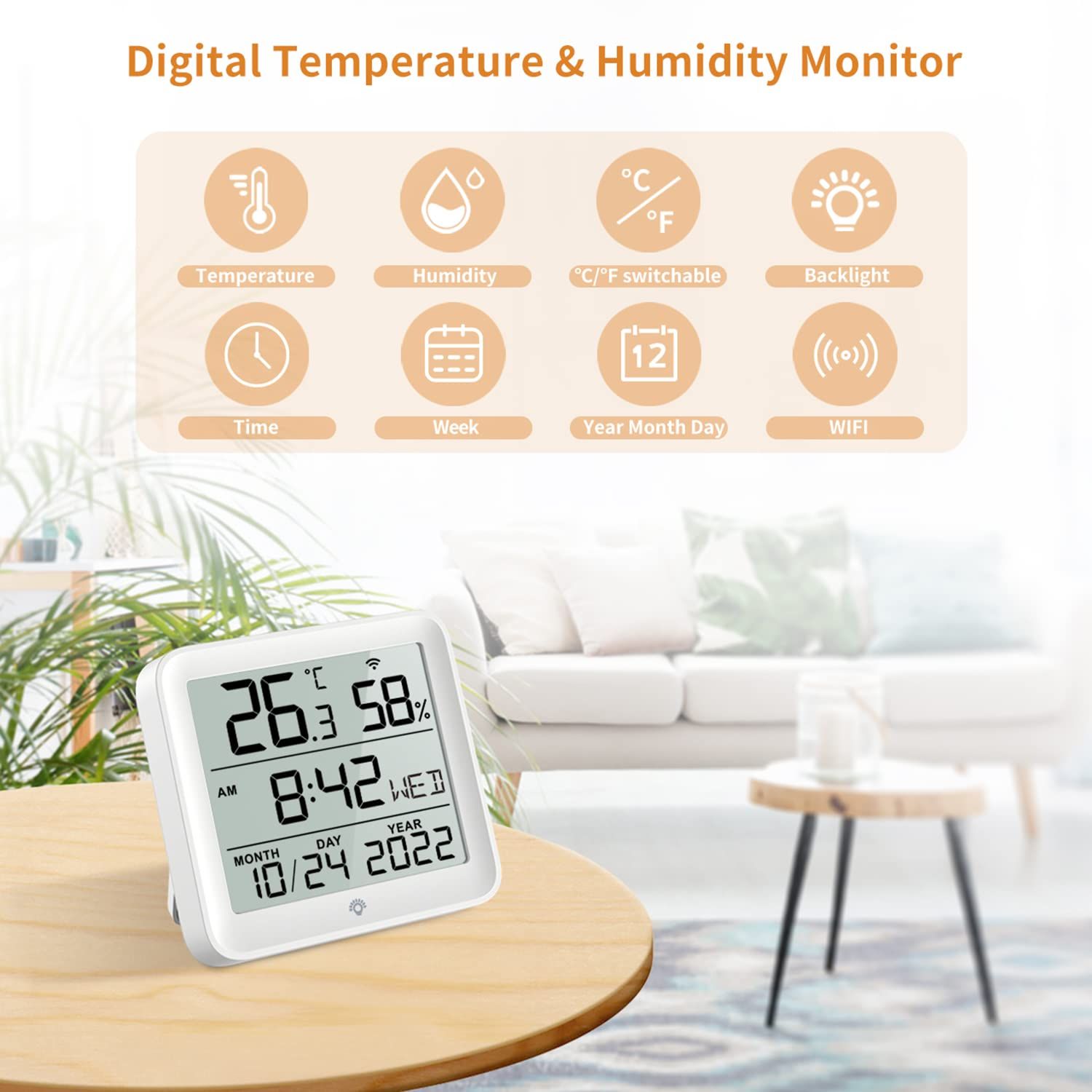 Senckit Smart Wifi Temperature Humidity Sensor Wireless Thermometer Hygrometer Built In Clock 5382