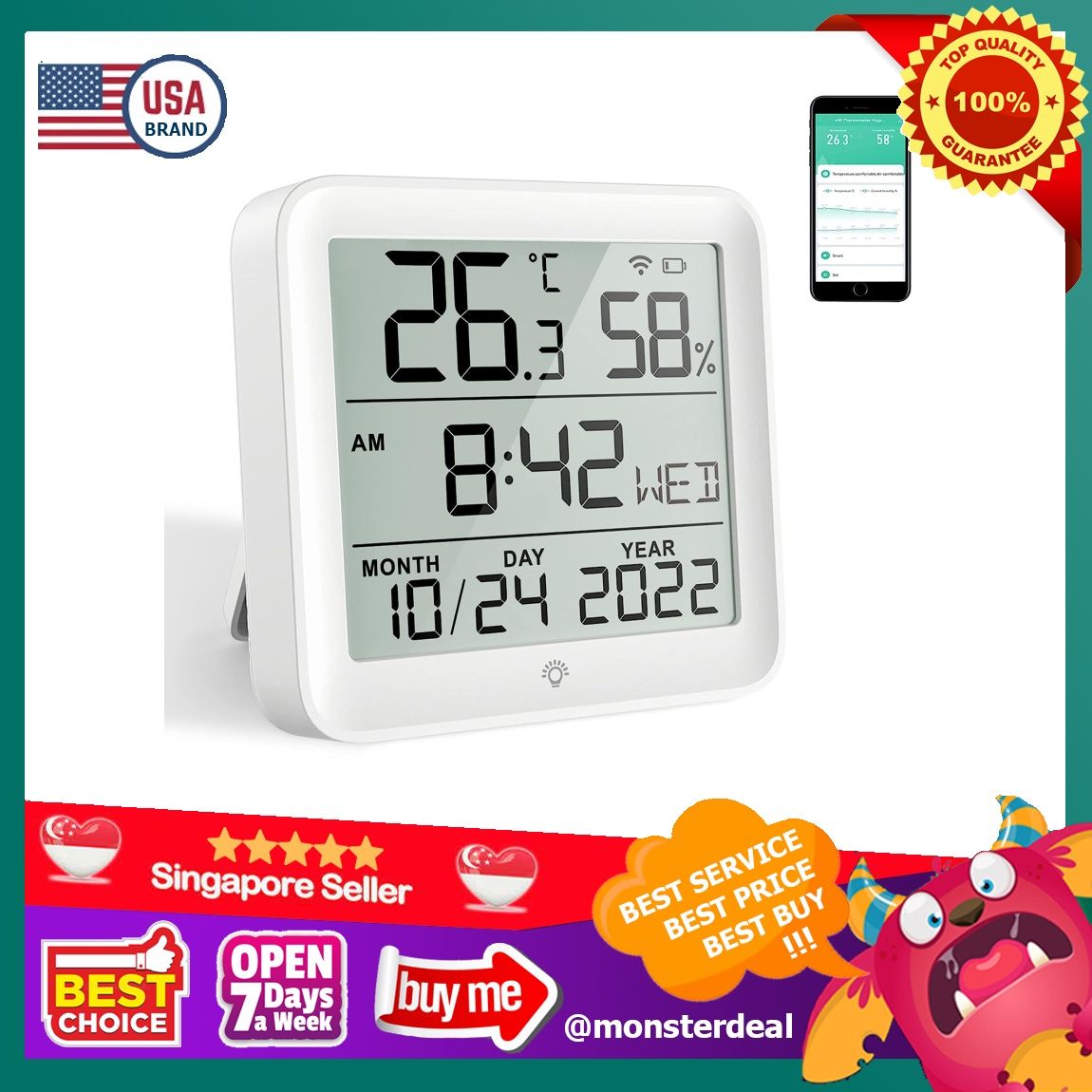 SENCKIT Smart WiFi Temperature Humidity Sensor Wireless Thermometer Hygrometer Built in Clock and Time Display Smart Monitor withTuya App Compatible