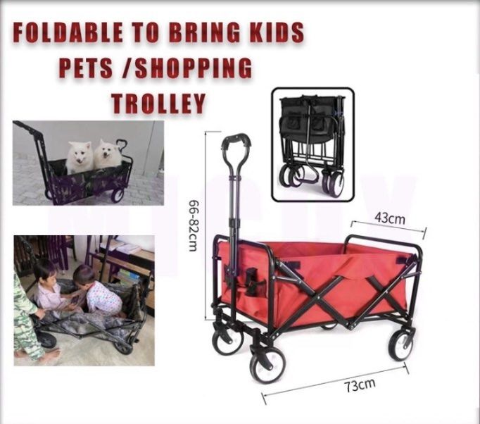 Wagon Trolley (Category: Travel Essentials & Accessories) located in Singapore. Submitted by jacc9591 (Listing ID 1237169201, Image 1). Description: Brand new Foldable trolley Easy to use Nice for Camping or shopping bring child or pets. Adjustable handle Colour: Assorted Interesting pm Meet up or delivery 🚚 .