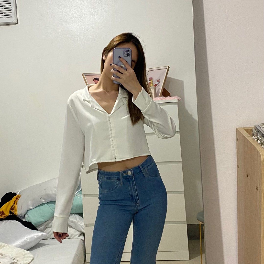 White Long Sleeve Crop Top Women s Fashion Tops Longsleeves on
