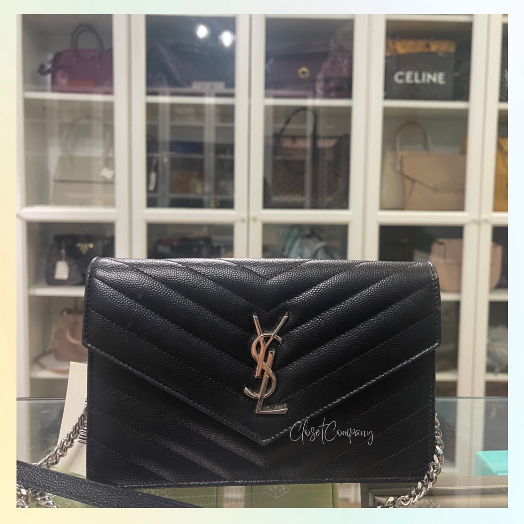YSL Wallet on Chain Small in Monogram Grain Black Leather and Silver
