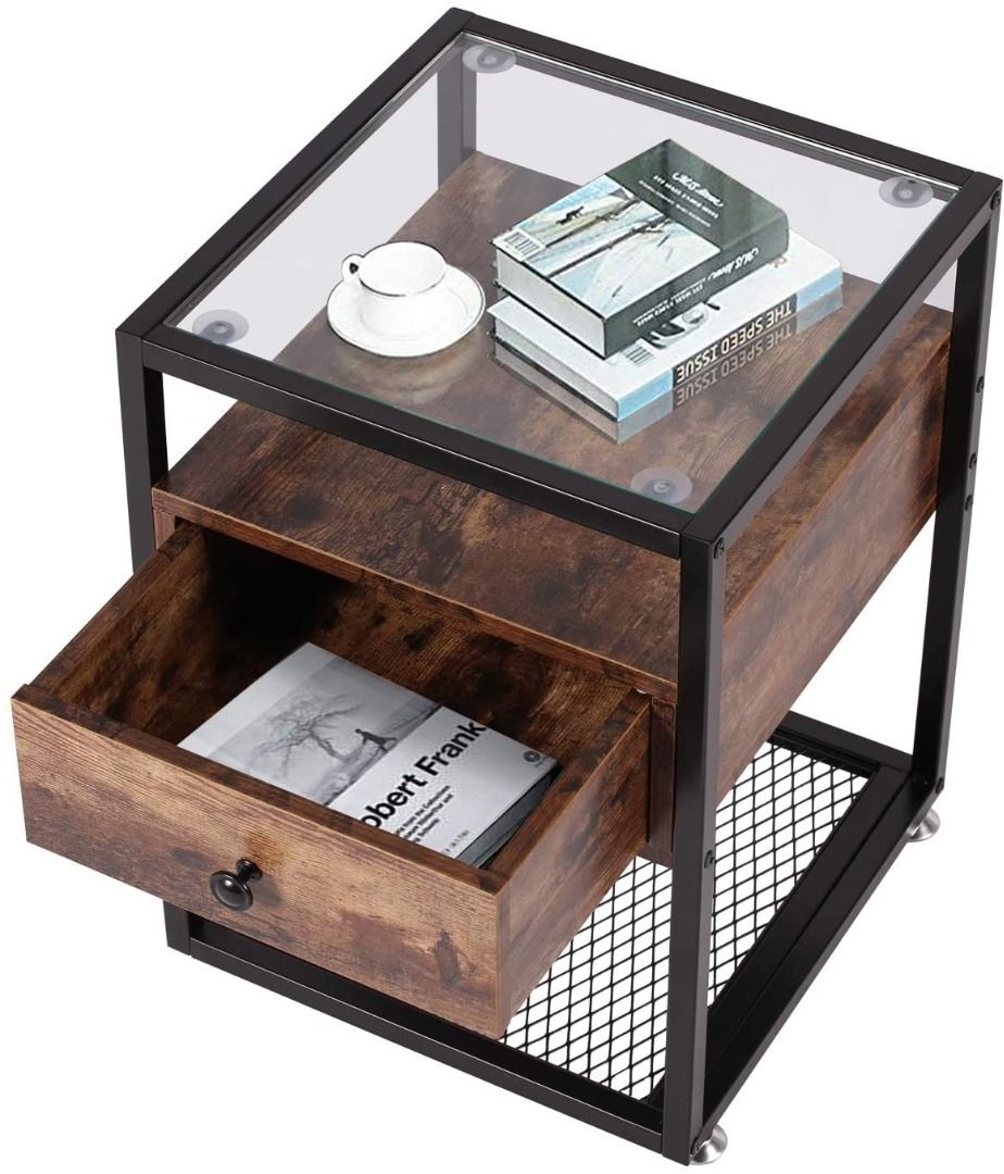 American tempered glass table Bedroom nightstand Steel and wood