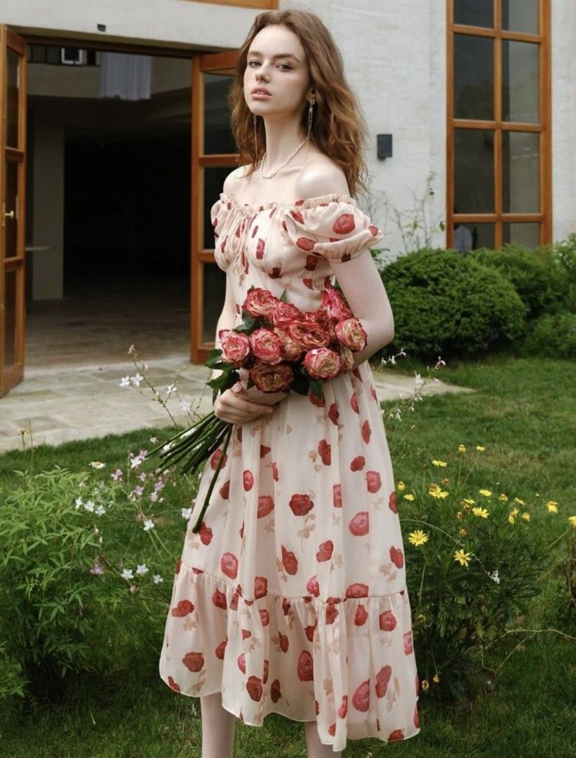 Shein Rose Print - Nude Midi-Maxi Dress, Women's Fashion, Dresses & Sets,  Dresses on Carousell