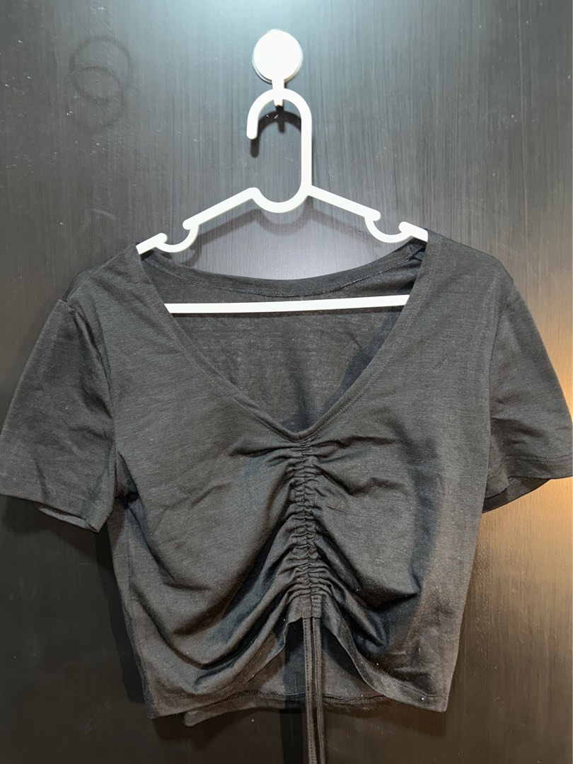 Black Pull-string Crop, Women's Fashion, Tops, Shirts on Carousell
