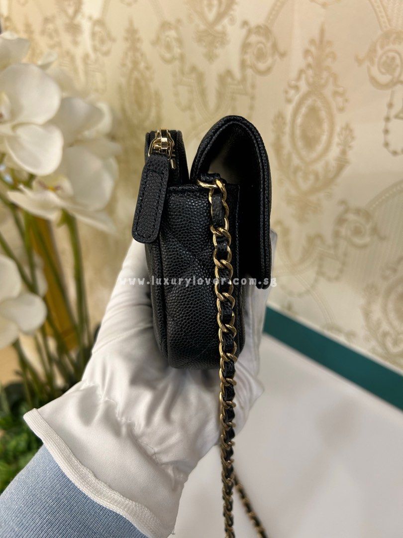 Chanel Classic Flap Phone Holder With Chain Nice Bag Black For