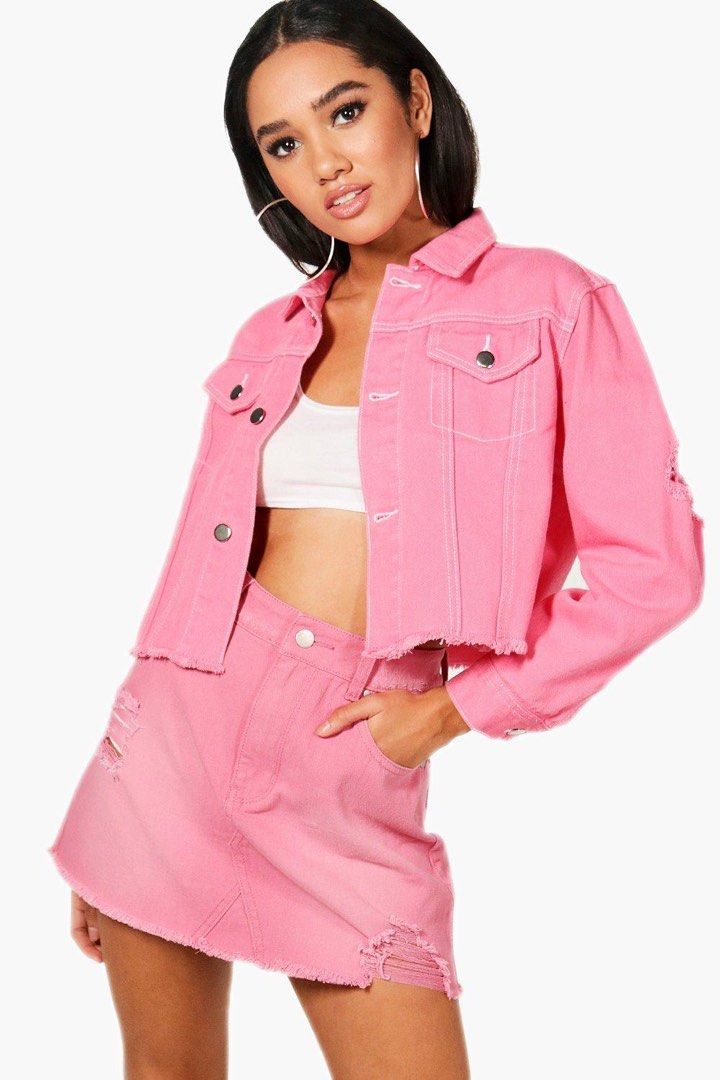 Pink denim 2024 jacket boohoo