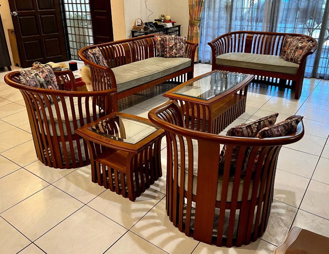 Burmese Solid Teak Wood Sofa Set 3+2+1+1 with Coffee table and 2 Side