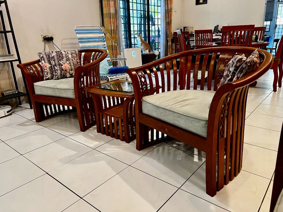 Burmese Solid Teak Wood Sofa Set 3+2+1+1 with Coffee table and 2 Side