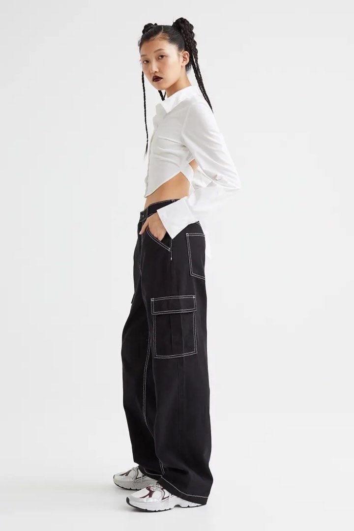 H&M 90s Baggy High Waist Contrast Black Cargo Jeans, Women's