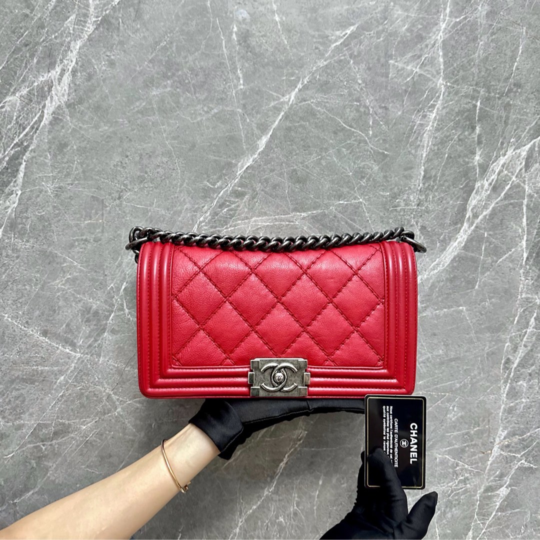 Chanel Boy Old Medium Calfskin Red SHW No 18, Luxury, Bags & Wallets on