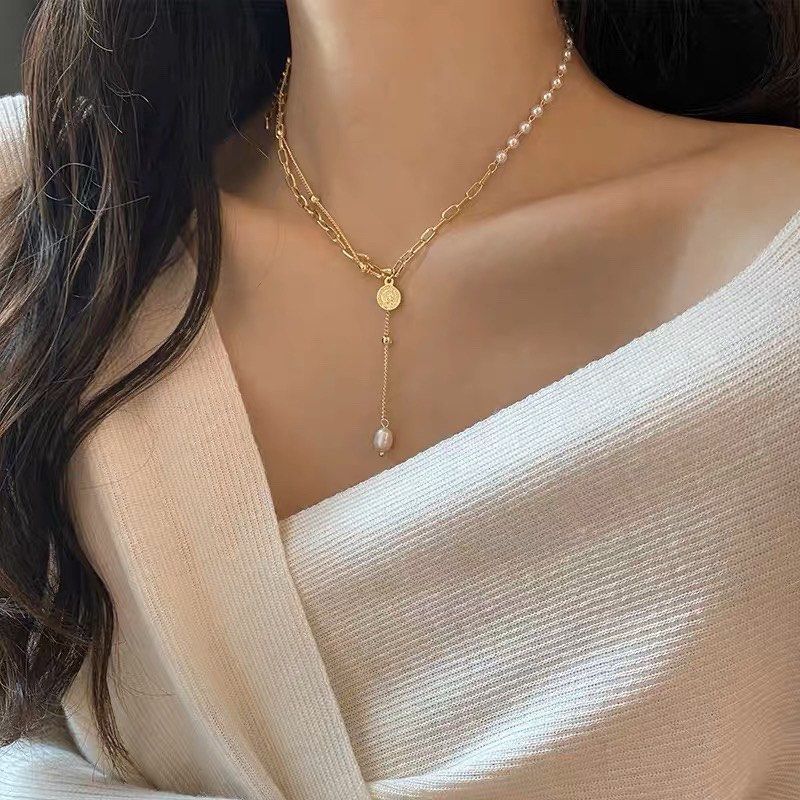 Double layer stacked retro coin tassel clavicle chain cold style