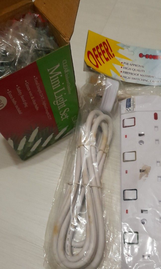 Extension Socket (Category: Electrical, Adaptors & Sockets) located in Singapore. Submitted by faithfullyours (Listing ID 1237240333, Image 5). Description: For individual purchase:- Extension cord /socket - 4 plugs $11 - X'mas Lightings x1 $2 Pls note the white material covering long wires have discoloured (turned brown) even inside packet. That's why selling cheap. Get all for $13 ONLY!! Kept brand new for too long but never used. Cash & carry 