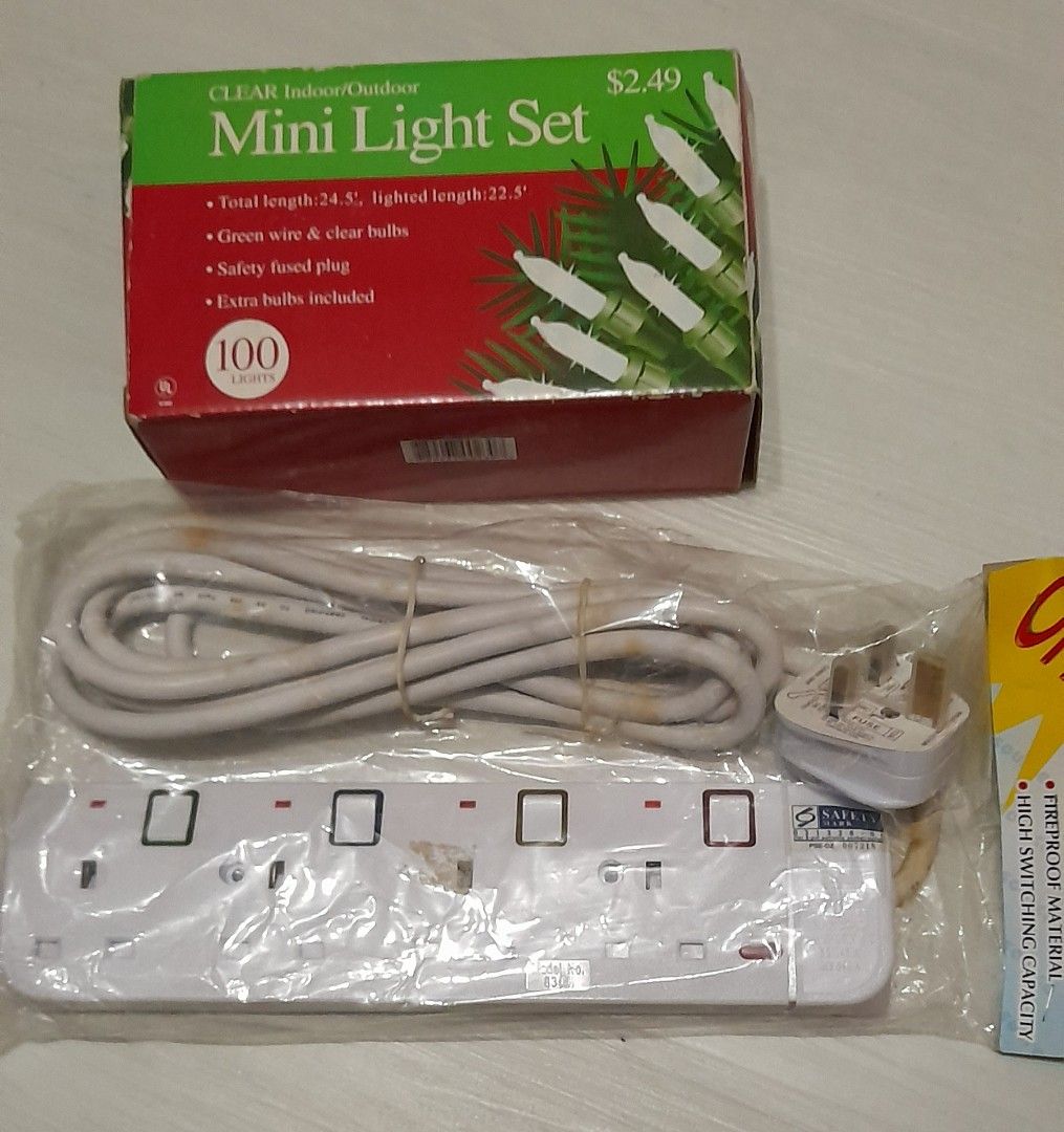 Extension Socket (Category: Electrical, Adaptors & Sockets) located in Singapore. Submitted by faithfullyours (Listing ID 1237240333, Image 2). Description: For individual purchase:- Extension cord /socket - 4 plugs $11 - X'mas Lightings x1 $2 Pls note the white material covering long wires have discoloured (turned brown) even inside packet. That's why selling cheap. Get all for $13 ONLY!! Kept brand new for too long but never used. Cash & carry 